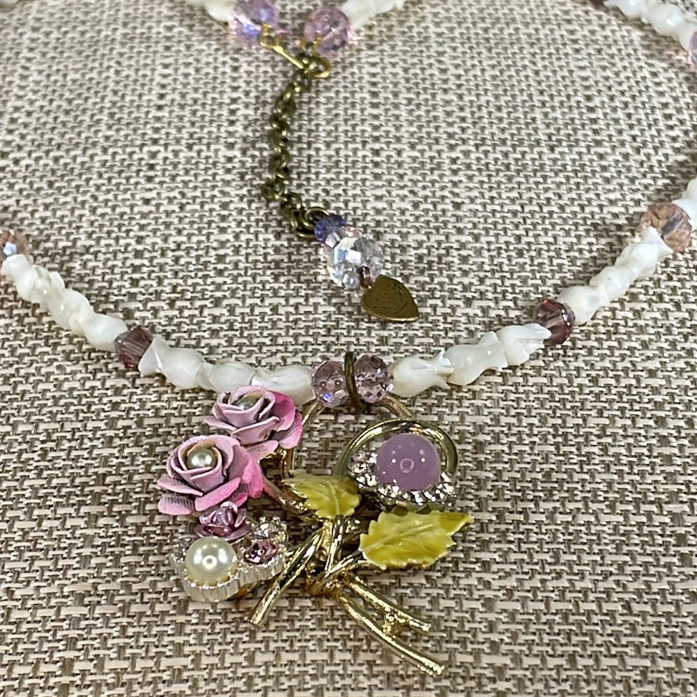Adorned Crown assemblage enamel flower mother of Pearl rose beads necklace