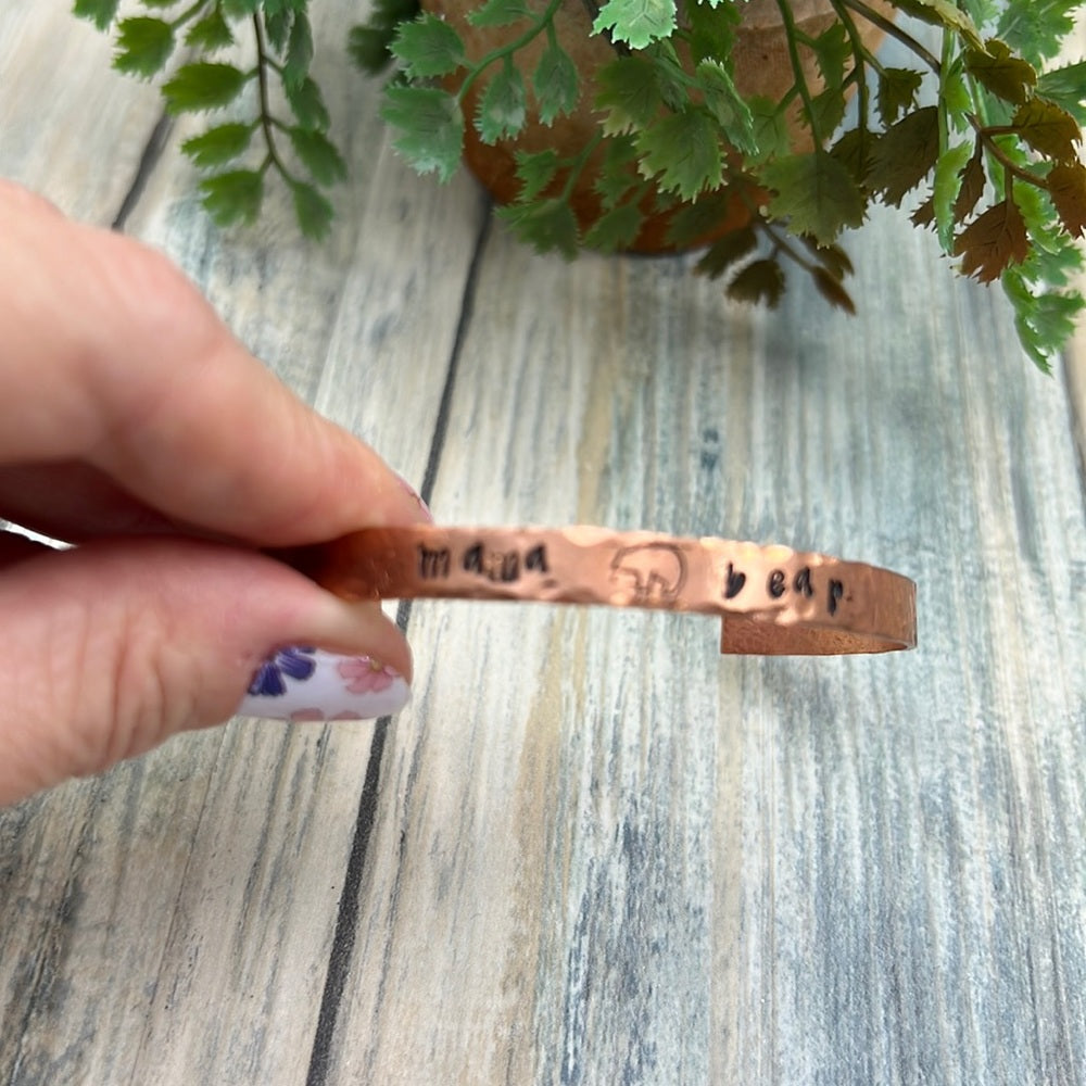 Adorned Crown Artisan stamp texture copper cuff bracelet 1 size MAMA BEAR