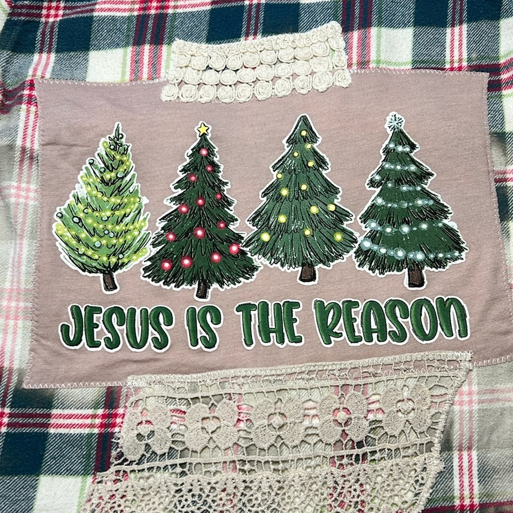 Adorned Crown Textiles altered flannel “Jesus is the reason…Season” size XS