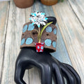 Adorned Crown enamel flower blue dot artisan assemblage leather bracelet