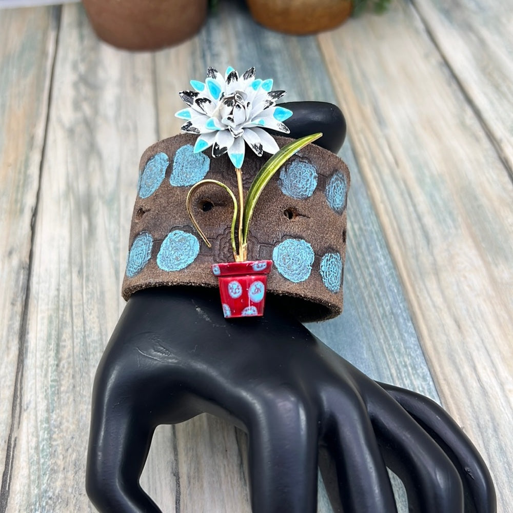 Adorned Crown enamel flower blue dot artisan assemblage leather bracelet