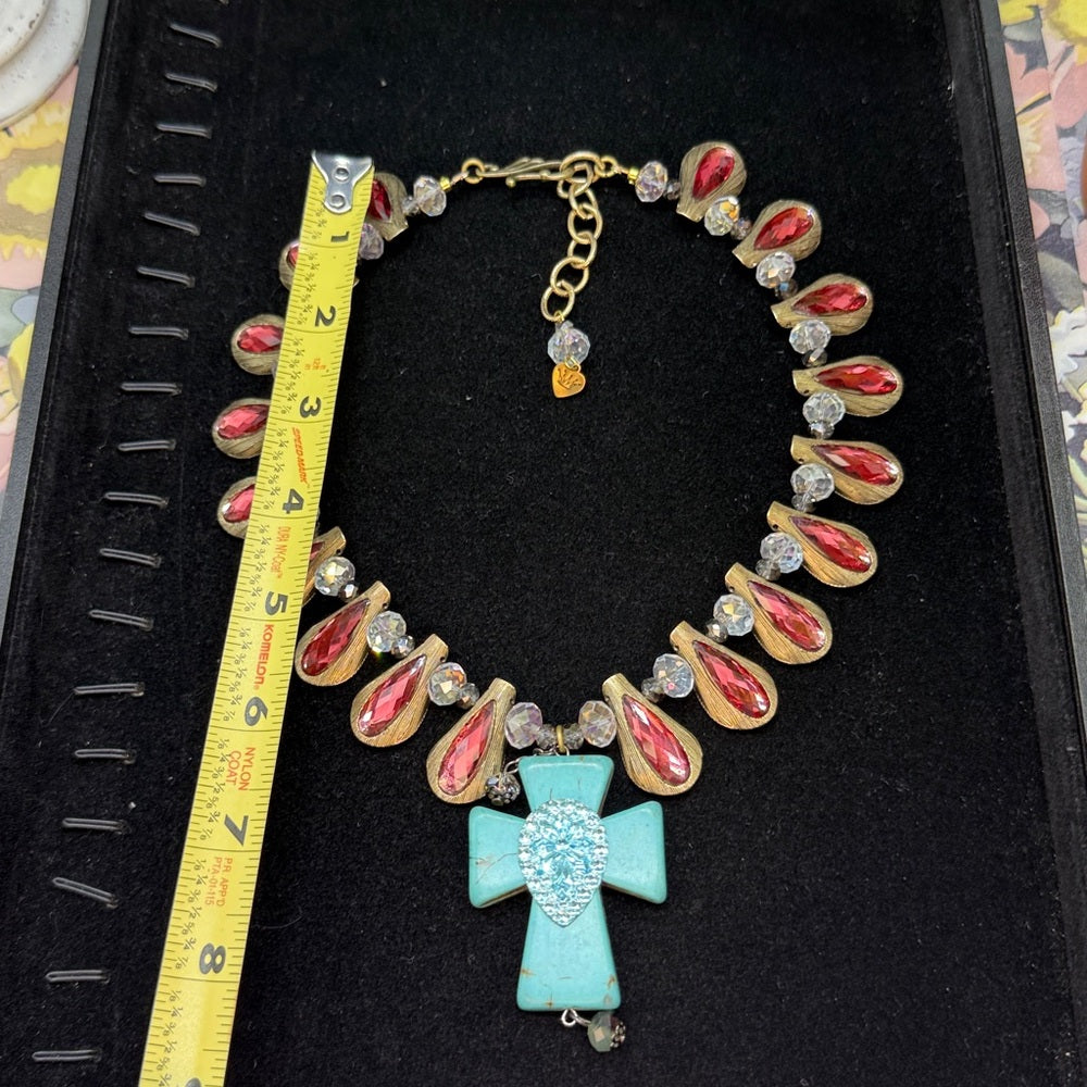 Adorned Crown Jewelry assemblage pink rhinestone teal cross necklace