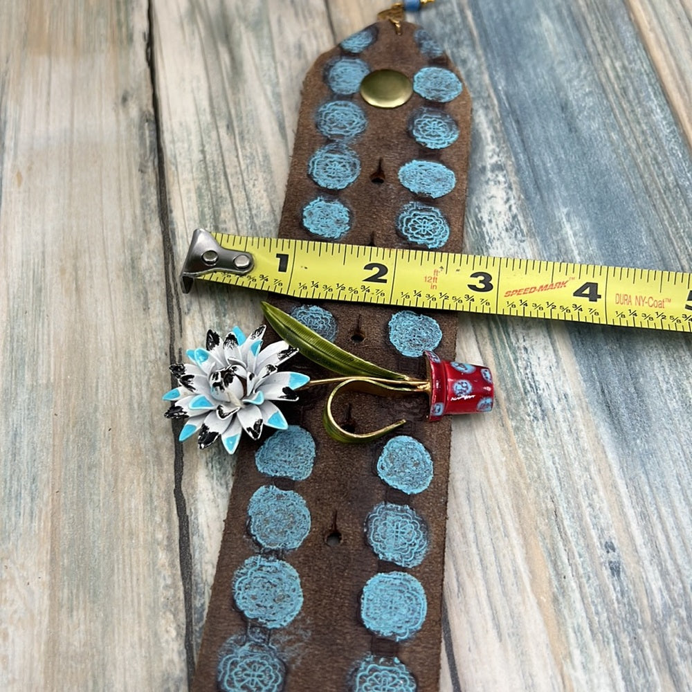 Adorned Crown enamel flower blue dot artisan assemblage leather bracelet