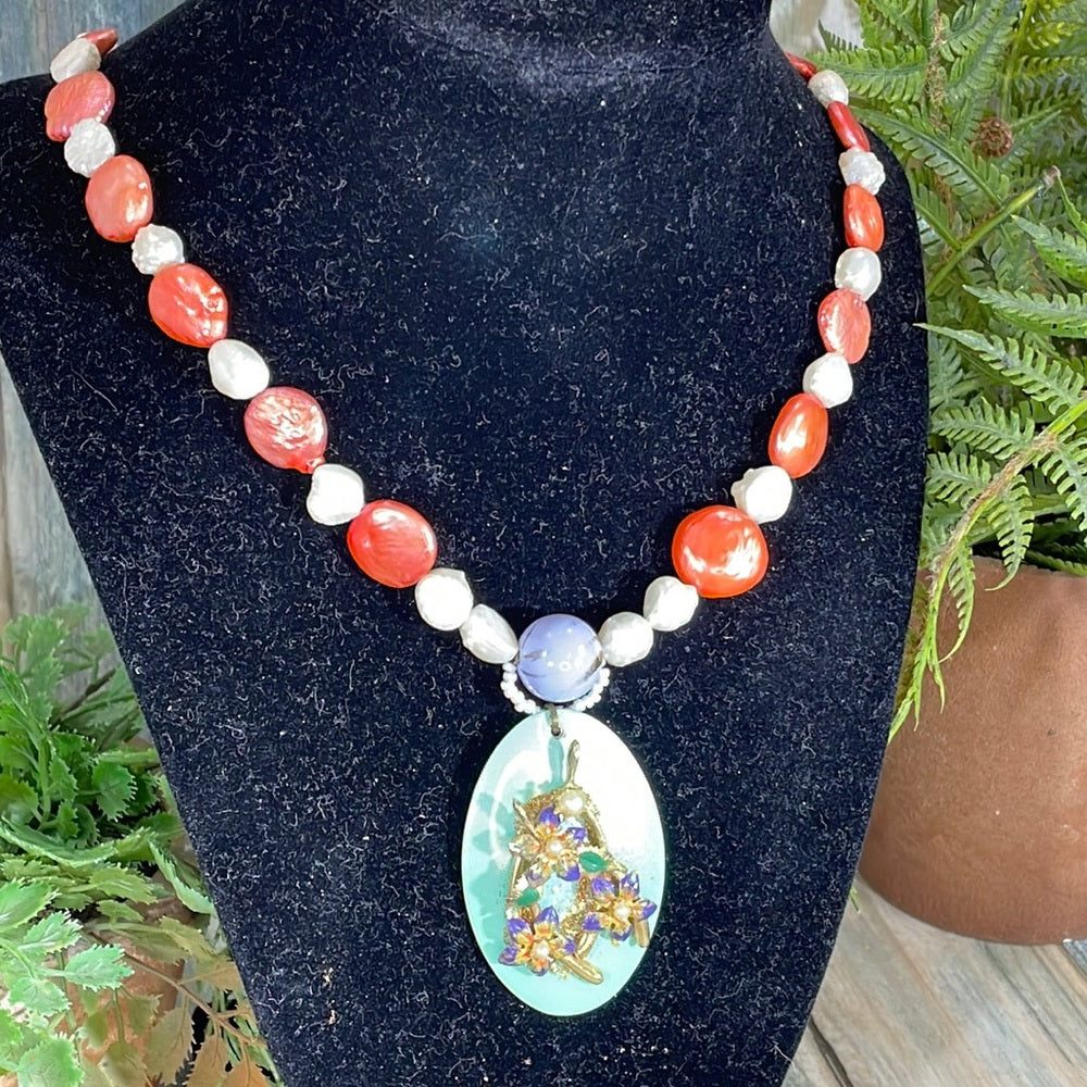 Adorned Crown Artisan assemblage necklace genuine pearls enamel flower