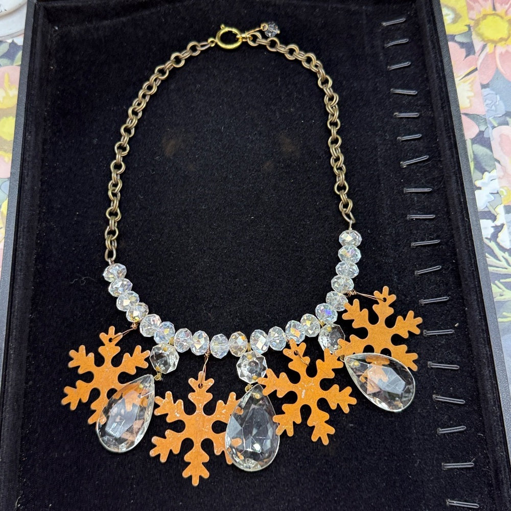 Adorned Crown Jewelry assemblage Christmas rusty snowflake crystal necklace