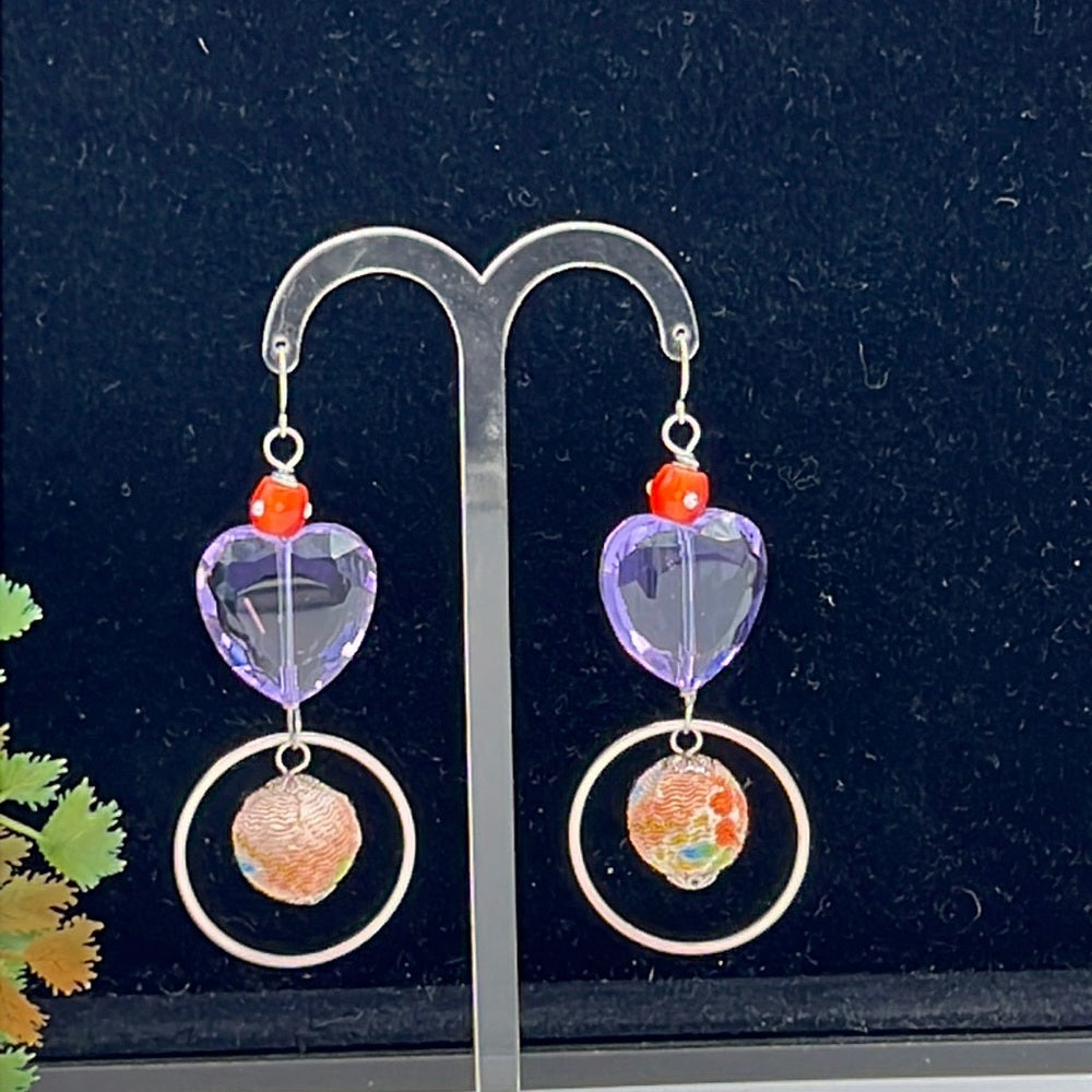Adorned Crown Jewelry purple glass heart fabric bead earrings
