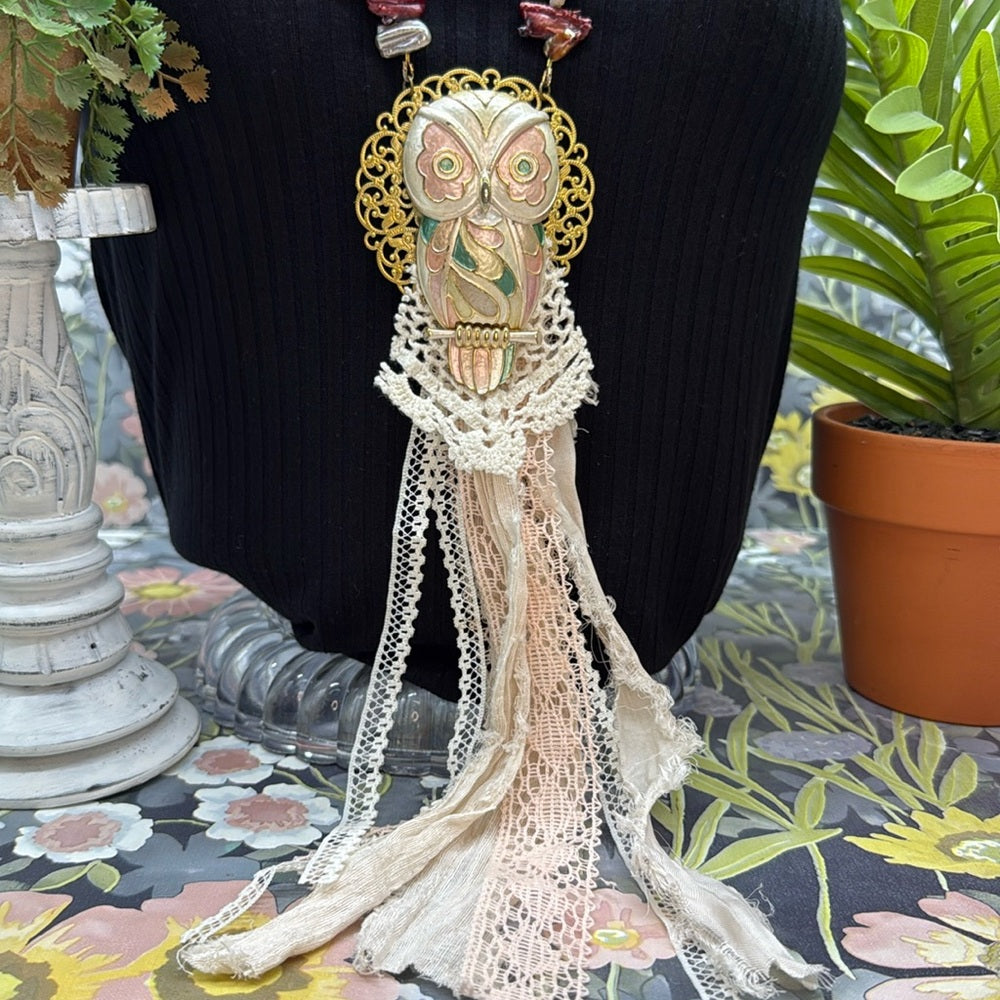 Adorned Crown Jewelry assemblage enamel owl tassel pearl boho long necklace