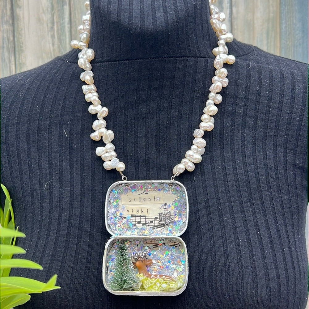Adorned Crown Jewelry assemblage Christmas silent night shadow box necklace