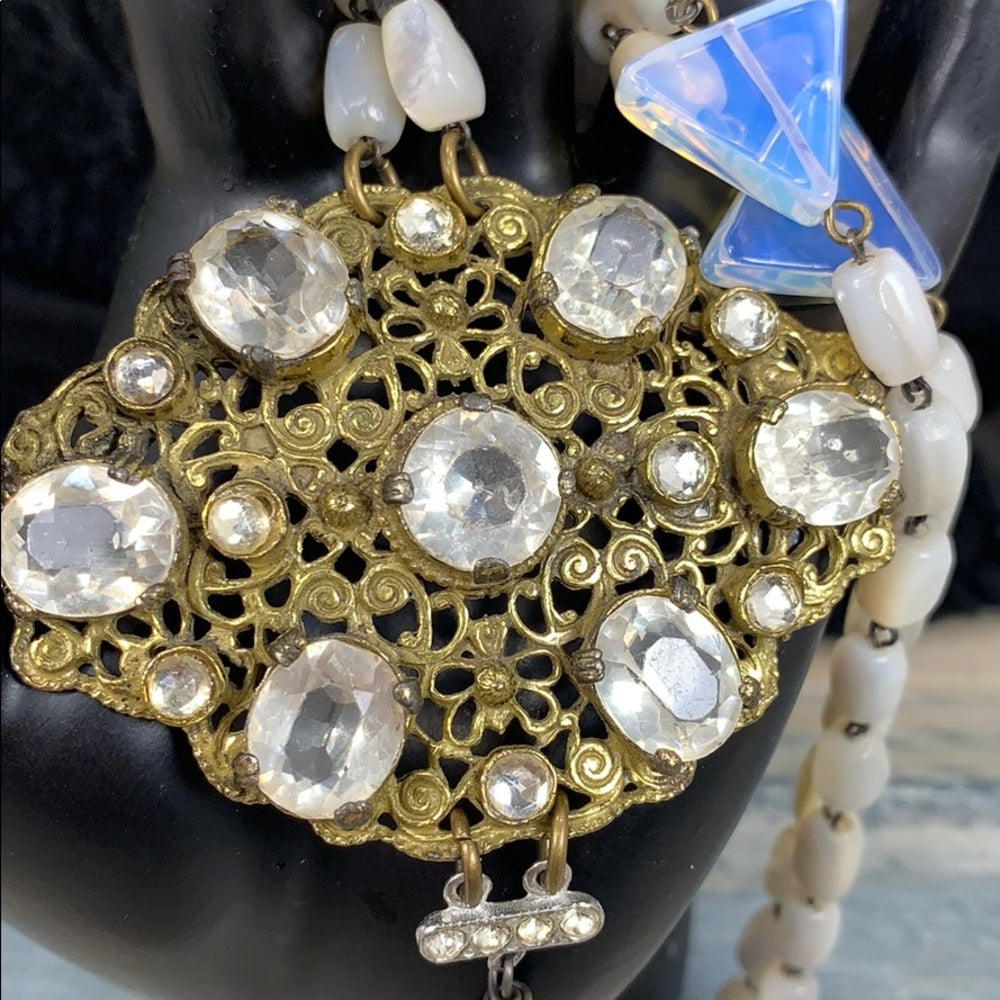 Adorned Crown artisan assemblage crystal & moonstone & pearl necklace