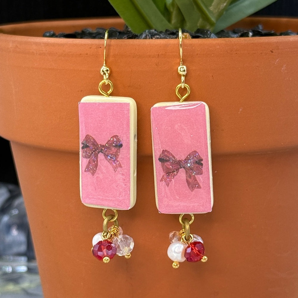 Adorned Crown Jewelry assemblage Christmas pink and red bow domino earrings