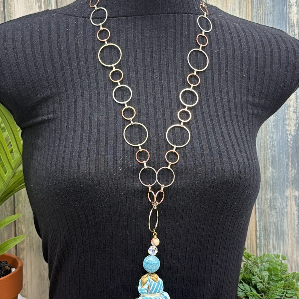 Adorned Crown Jewelry assemblage Bohemian silk ribbon Tassel Necklace Blue