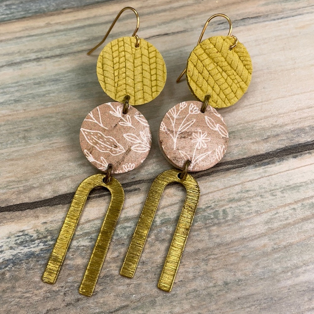 Adorned Crown geo yellow tan double leather earrings