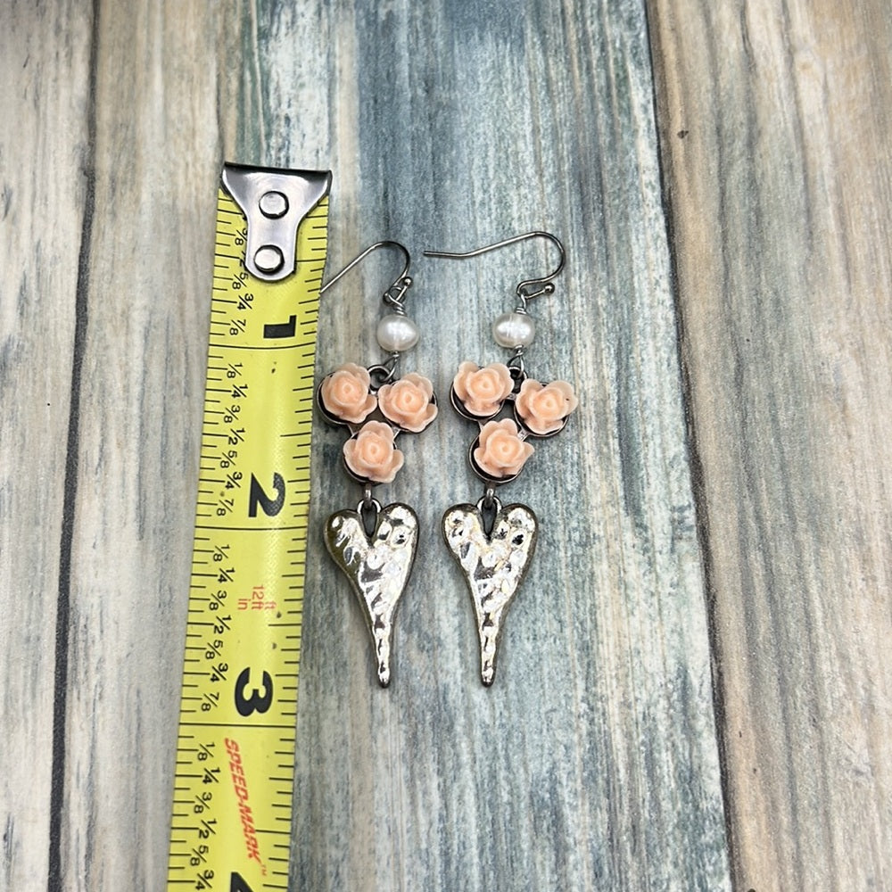 Adorned Crown Artisan Assemblage peach rose hammered heart Pearl earrings