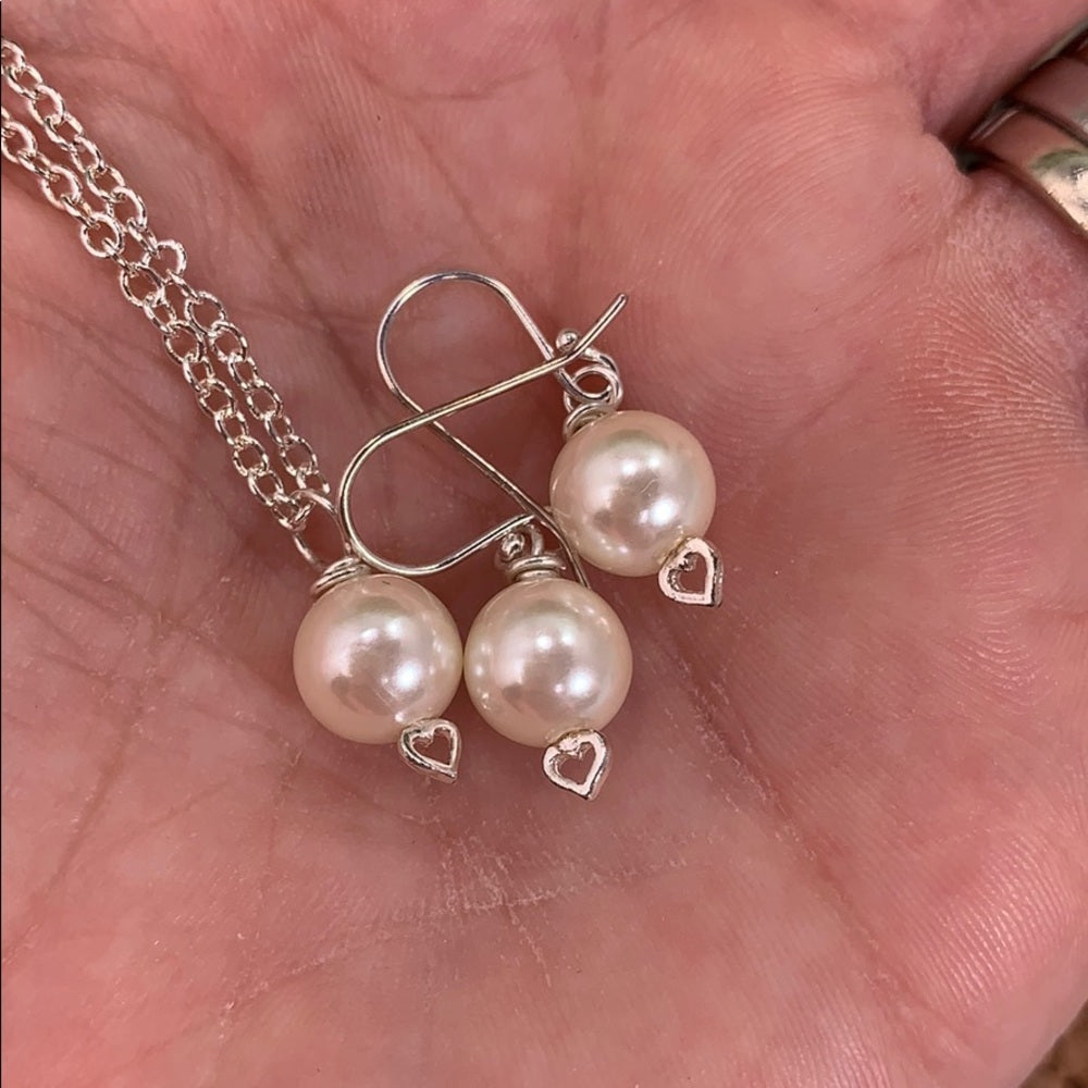 Adorned Crown glass pearl bead heart sterling set 3 earrings & necklace