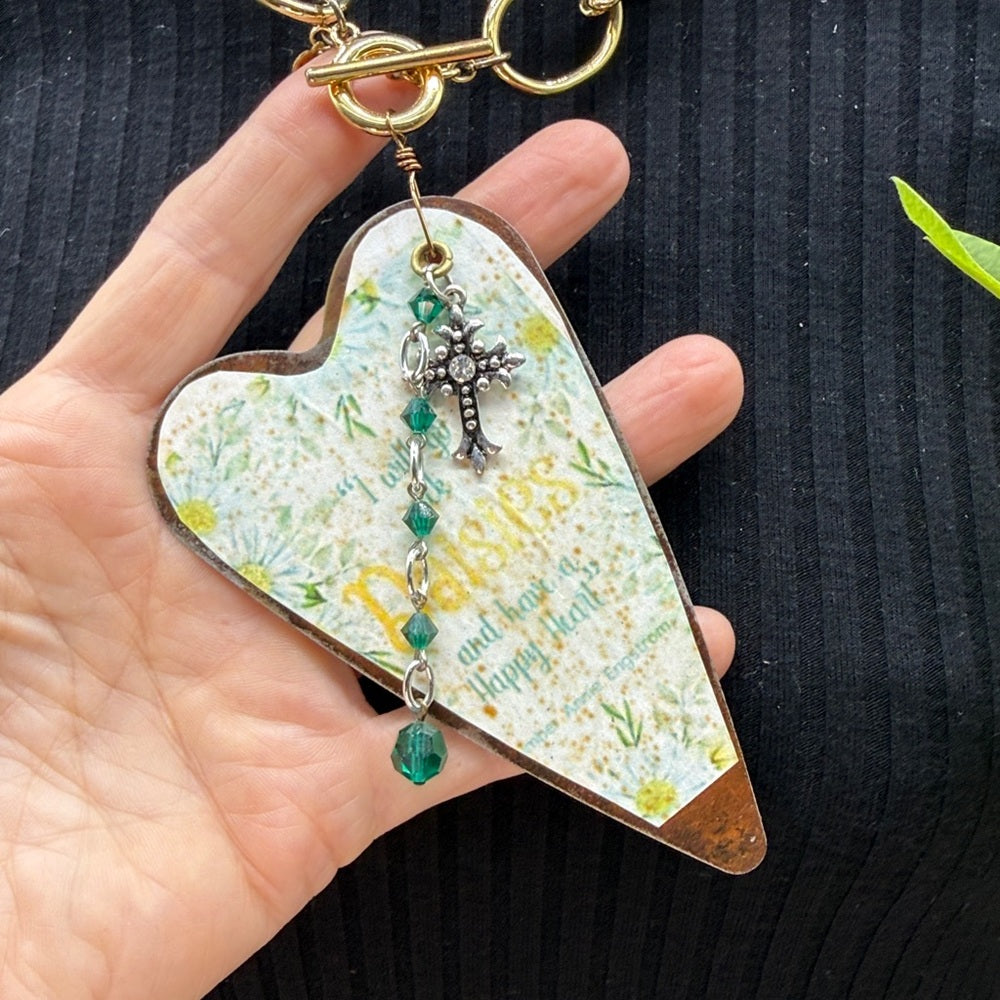 Adorned Crown Jewelry assemblage yellow rusty heart daisy flower necklace