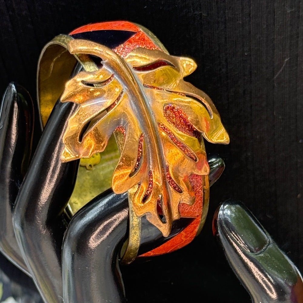 Adorned Crown Jewelry assemblage brass leaf inlaid fall autumn bangle bracelet