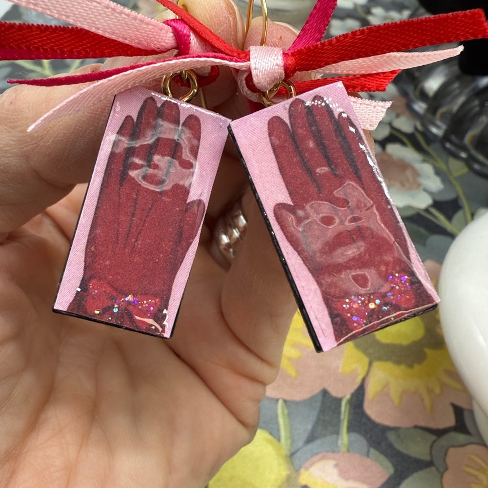 Adorned Crown Jewelry assemblage Christmas pink and red glove domino earrings