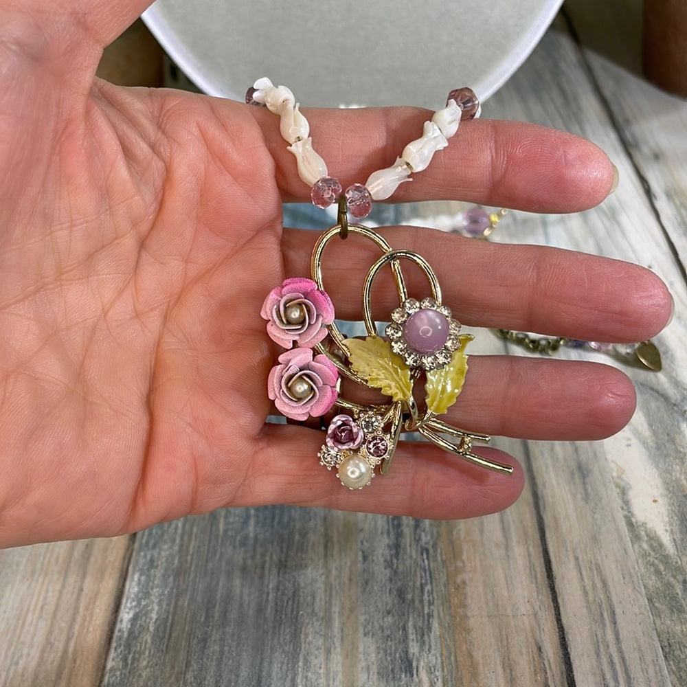 Adorned Crown assemblage enamel flower mother of Pearl rose beads necklace