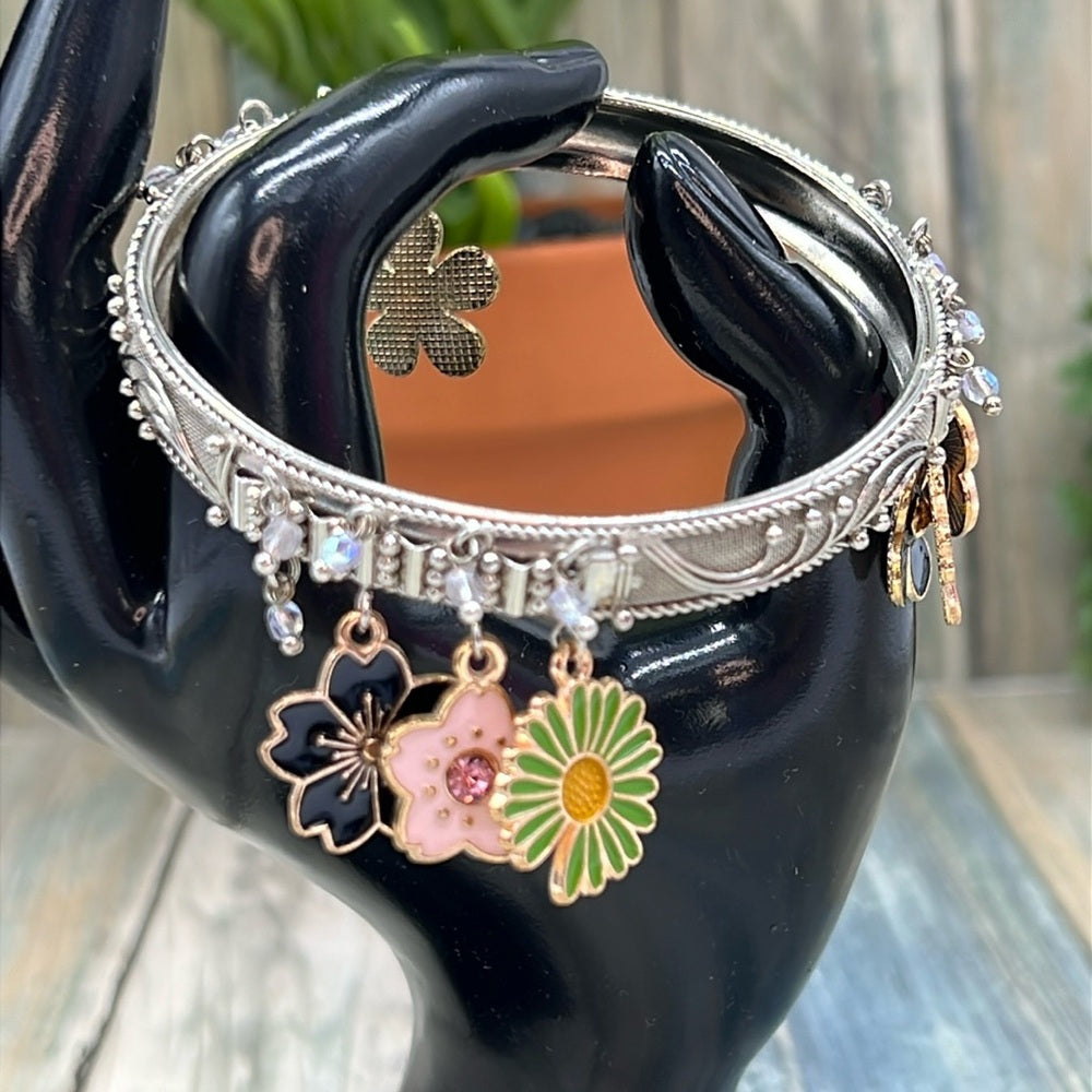 Adorned Crown Jewelry assemblage silver flower enamel charm bangle bracelet