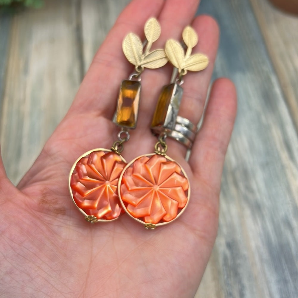 Adorned Crown Artisan Assemblage lucite button topaz gold leaf earrings