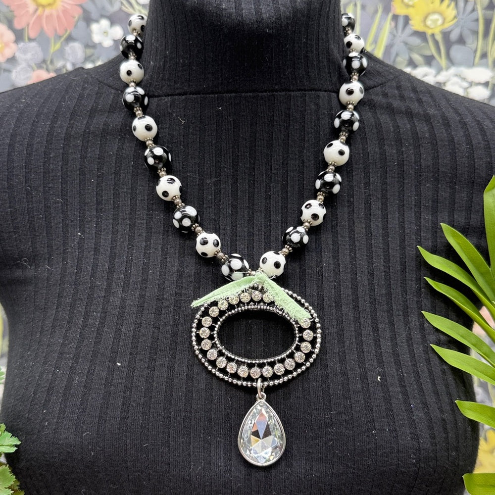 Adorned Crown Jewelry assemblage bead rhinestone pendant green ribbon necklace
