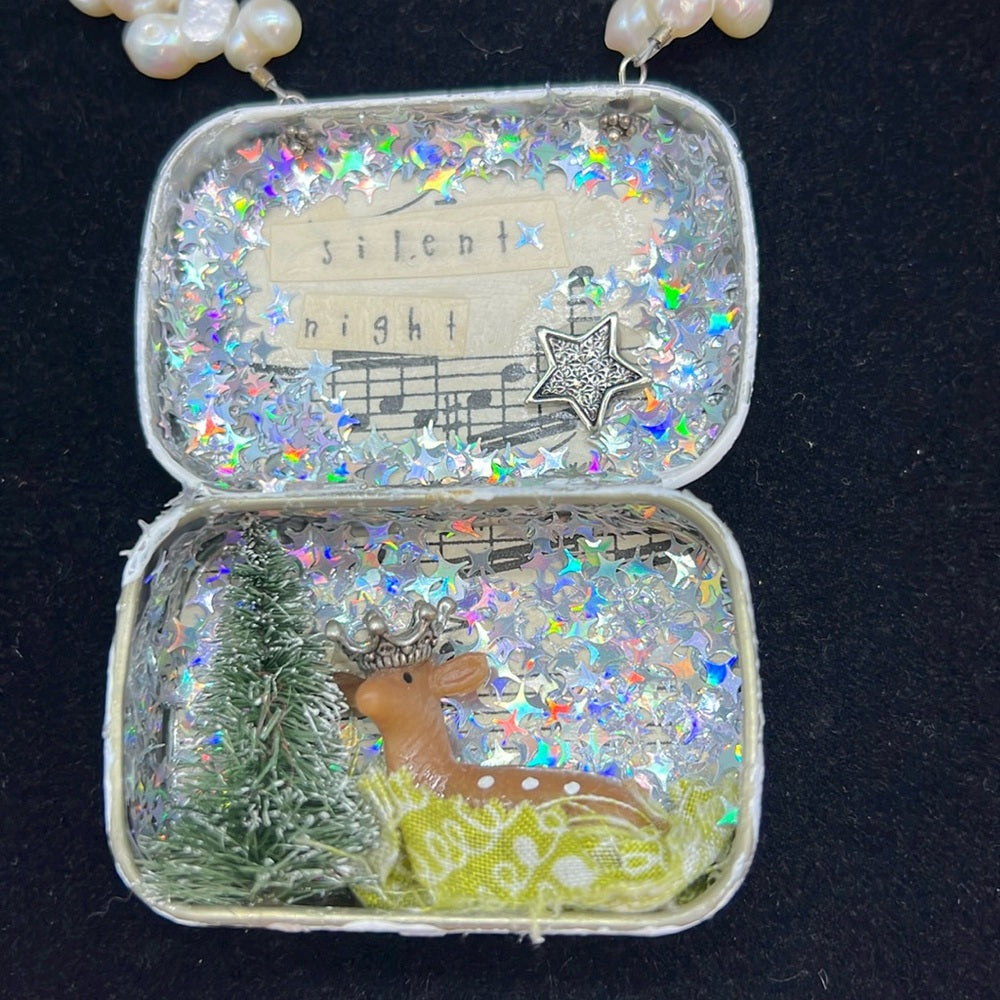 Adorned Crown Jewelry assemblage Christmas silent night shadow box necklace
