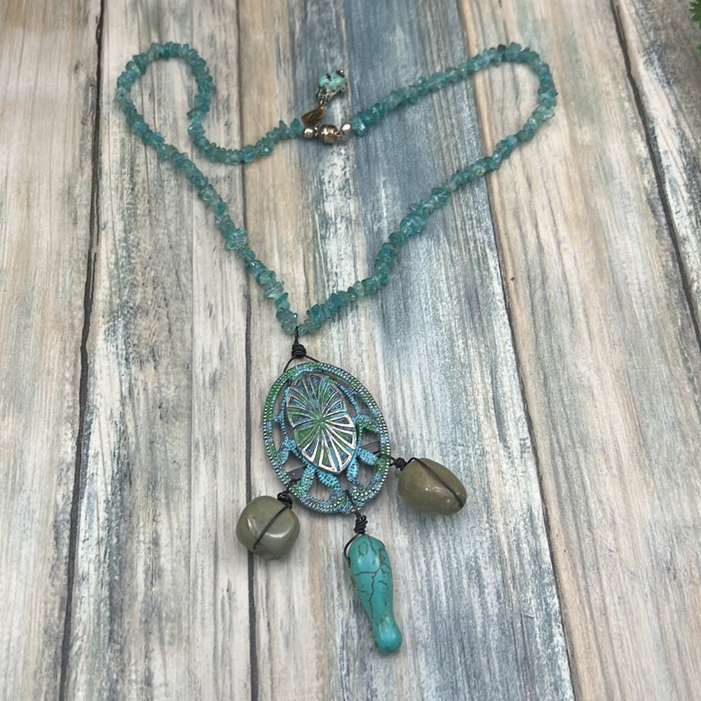 Adorned Crown necklace artisan assemblage fluorite turquoise stone & metal