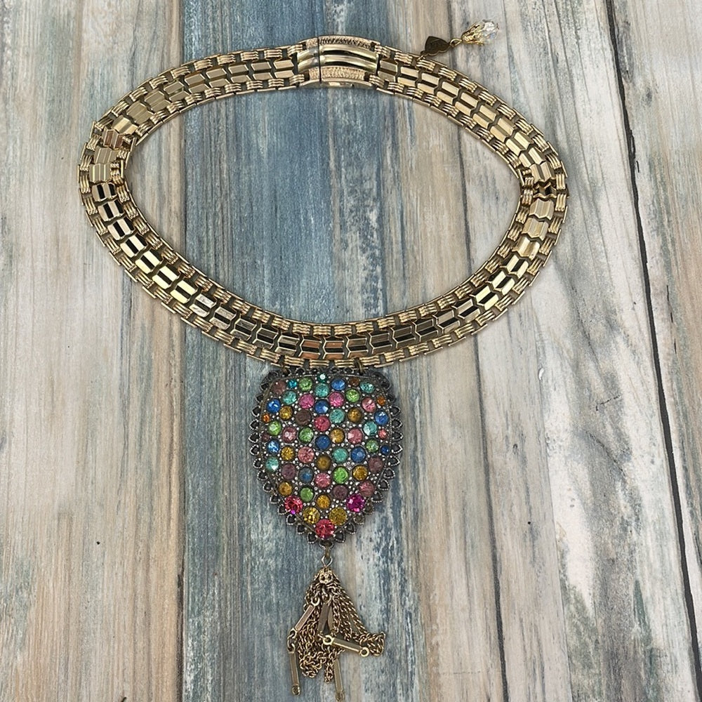 Adorned Crown Artisan assemblage wide golden collar rhinestone necklace