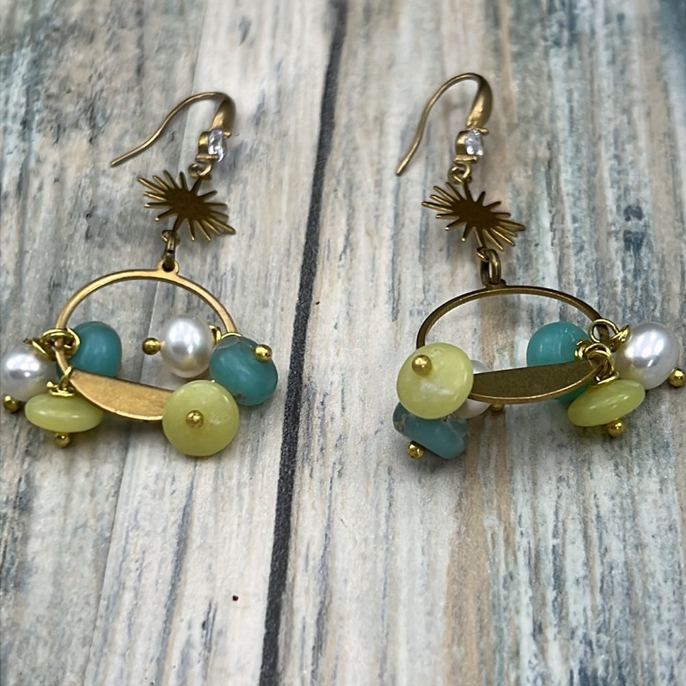 Adorned Crown Artisan Assemblage earrings lemon & imperial jade Pearl burst
