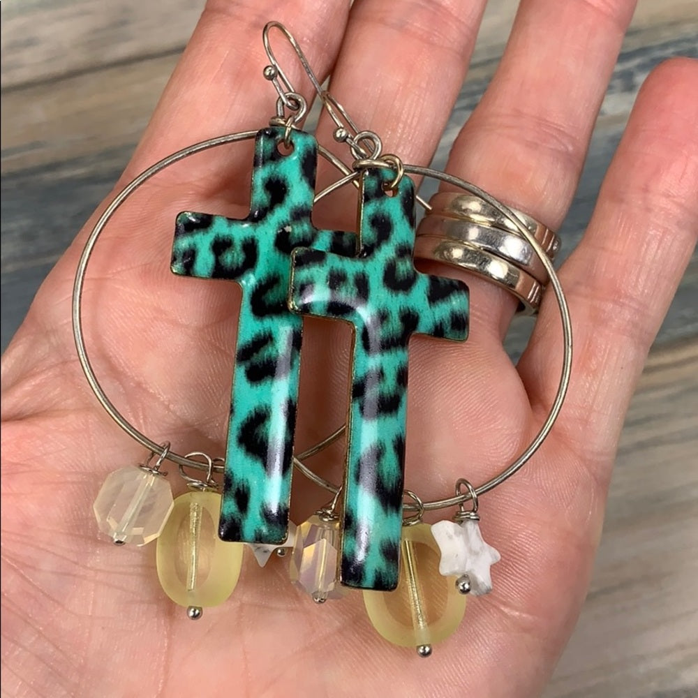 Adorned Crown assemblage teal leopard pattern cross gem drop earrings