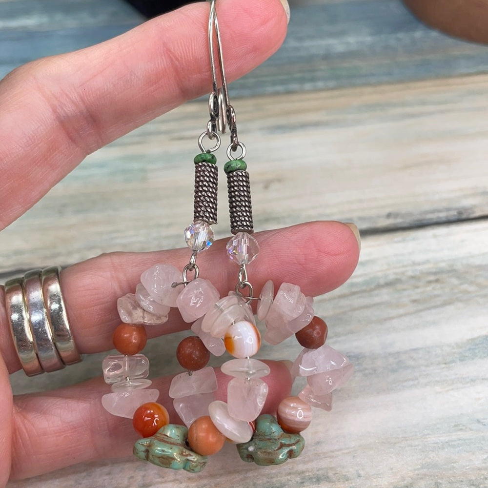Adorned Crown artisan assemblage rose quartz Czech flower hoop earrings