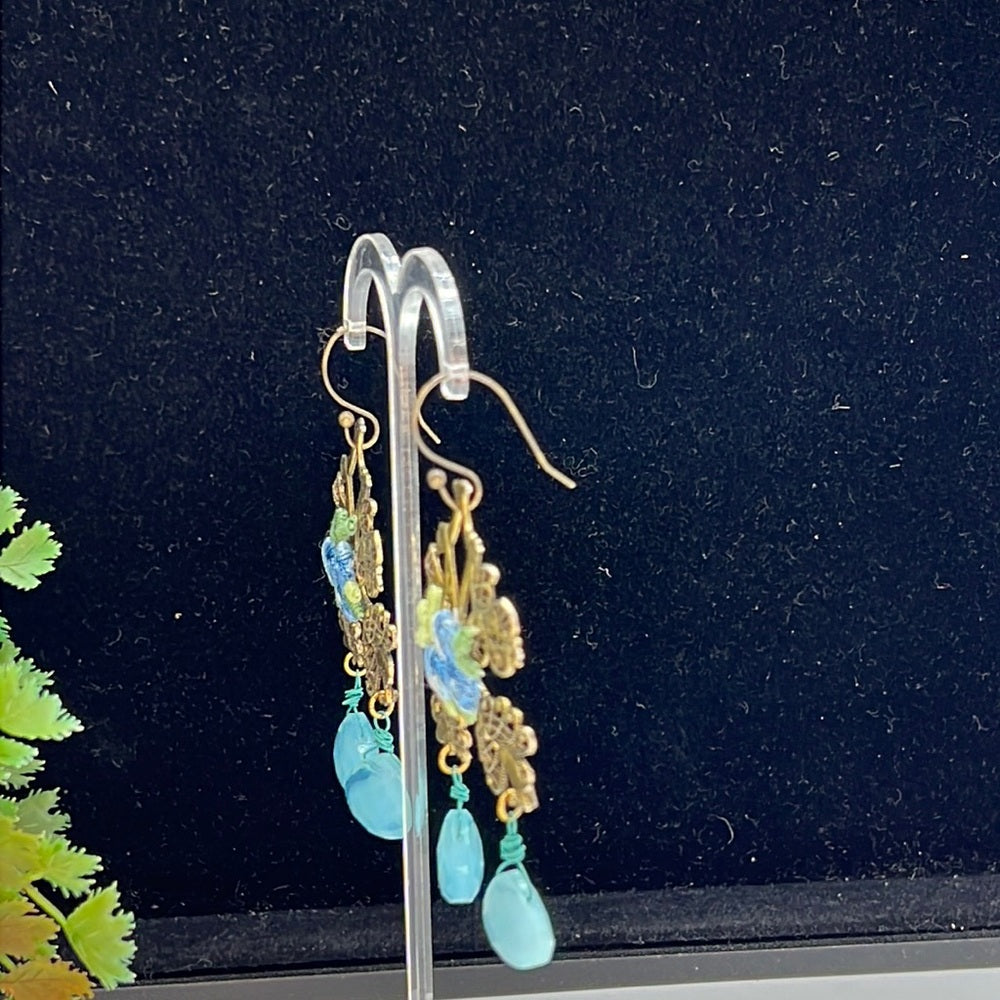 Adorned Crown Jewelry blue flower faceted briolette drop filigree earrings