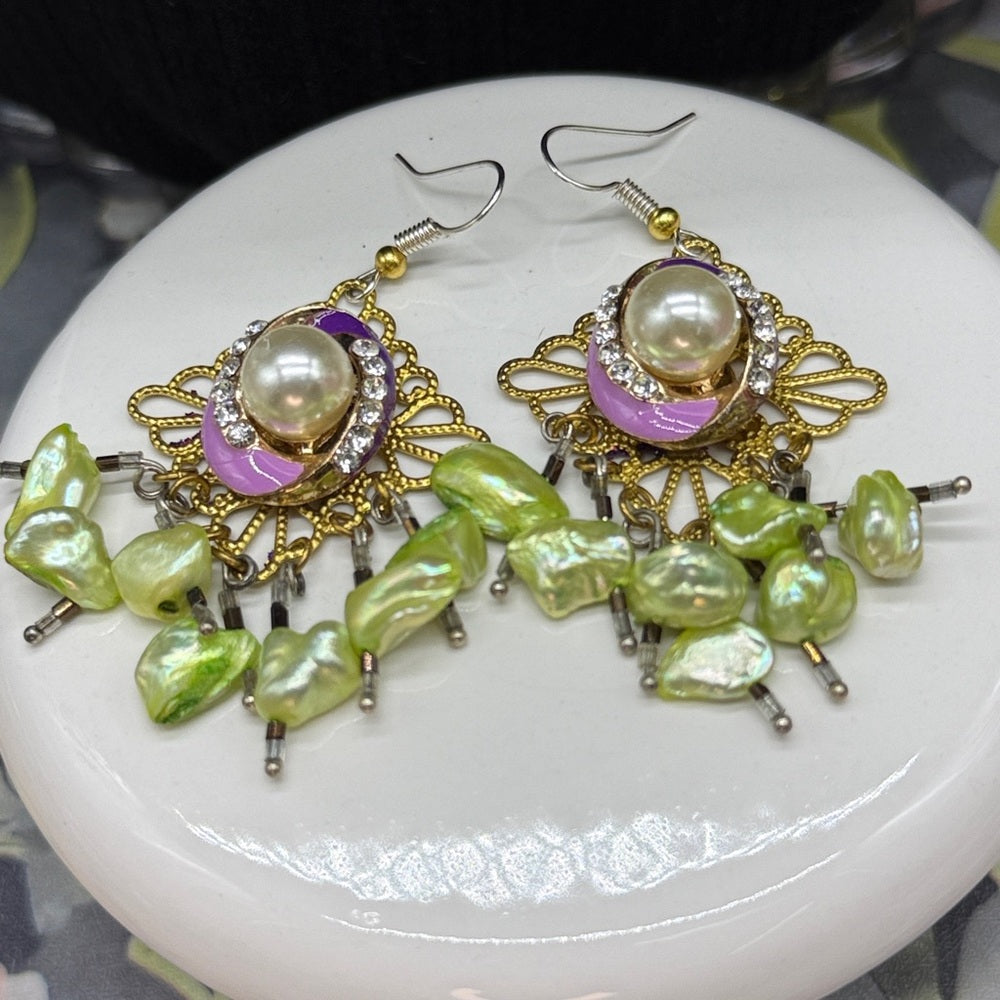 Adorned Crown Jewelry assemblage purple enamel green pearl filigree earrings