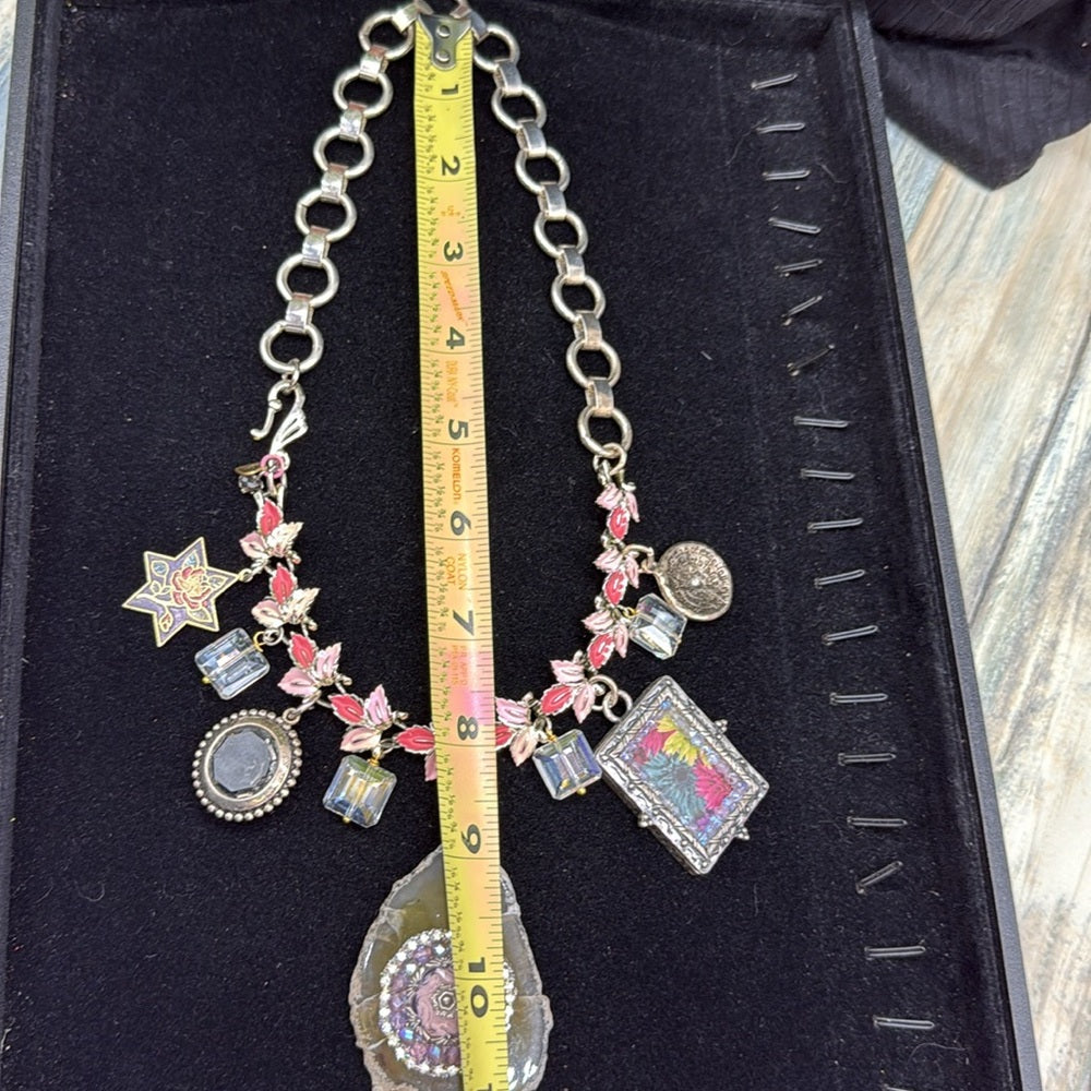 Adorned Crown Jewelry assemblage Floral Charm Pink Silver statement necklace