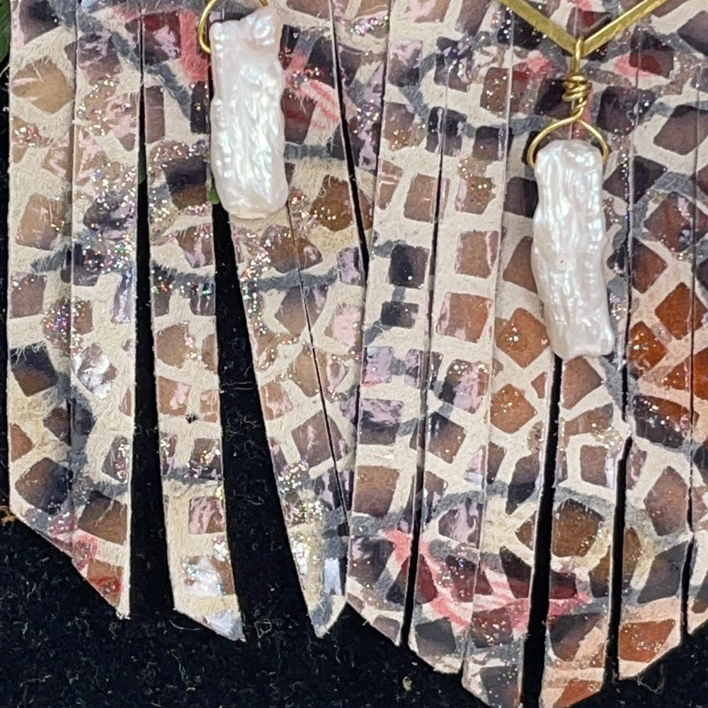 Adorned Crown brass leather animal print fringe pearl drop earrings