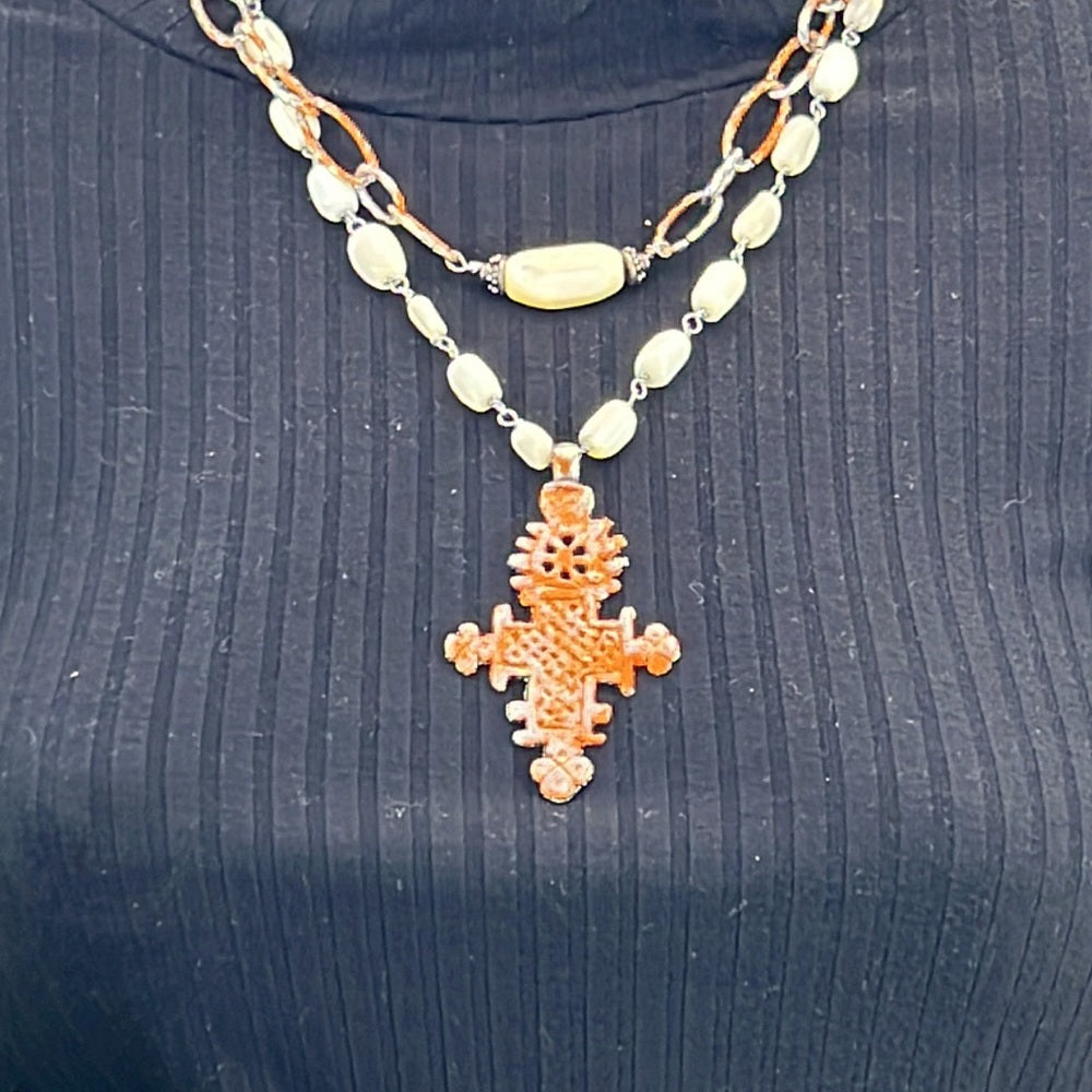 Adorned Crown necklace orange tribal cross mother of Pearl beads assemblage