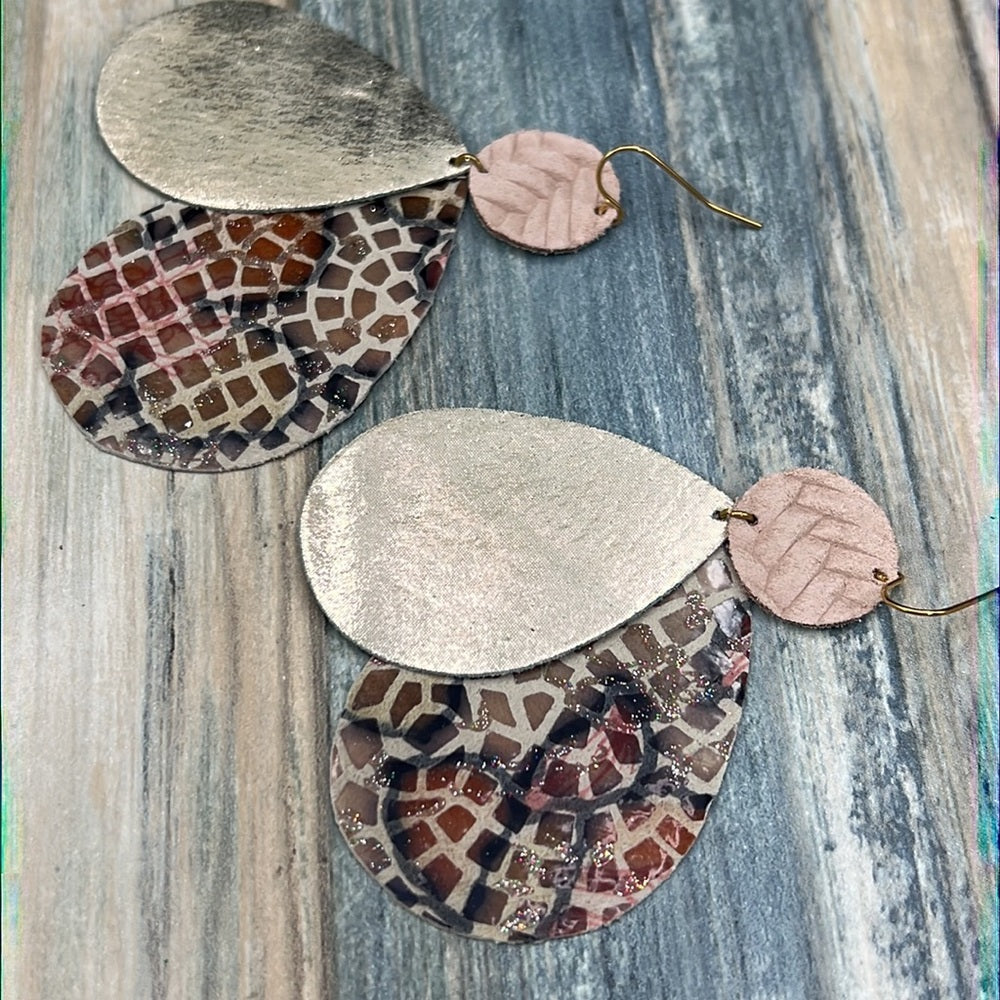 Adorned Crown real/faux leather lightweight statement earrings pink animal