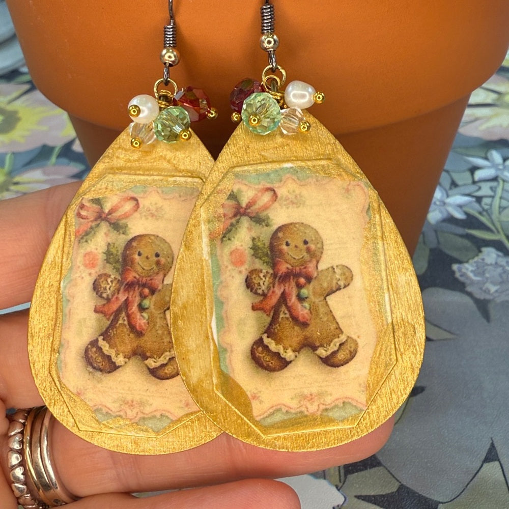 Adorned Crown Jewelry assemblage Victorian gingerbread man Christmas earrings