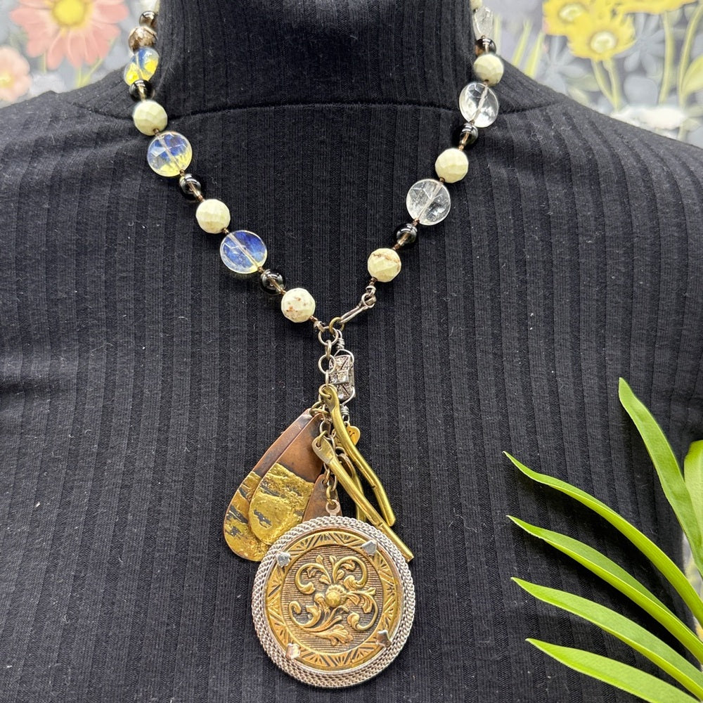 Adorned Crown Jewelry assemblage mix metal mix gemstone Y charm necklace