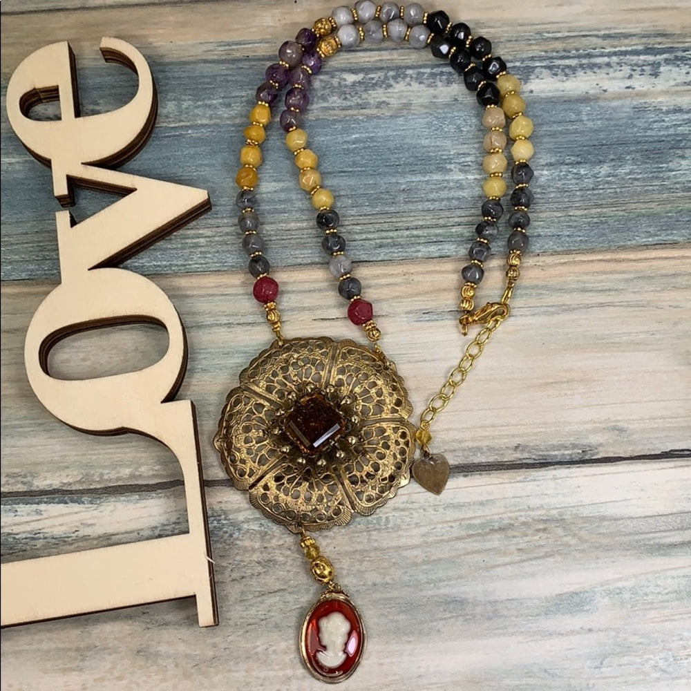 Adorned Crown artisan assemblage Stone bead topaz cameo necklace