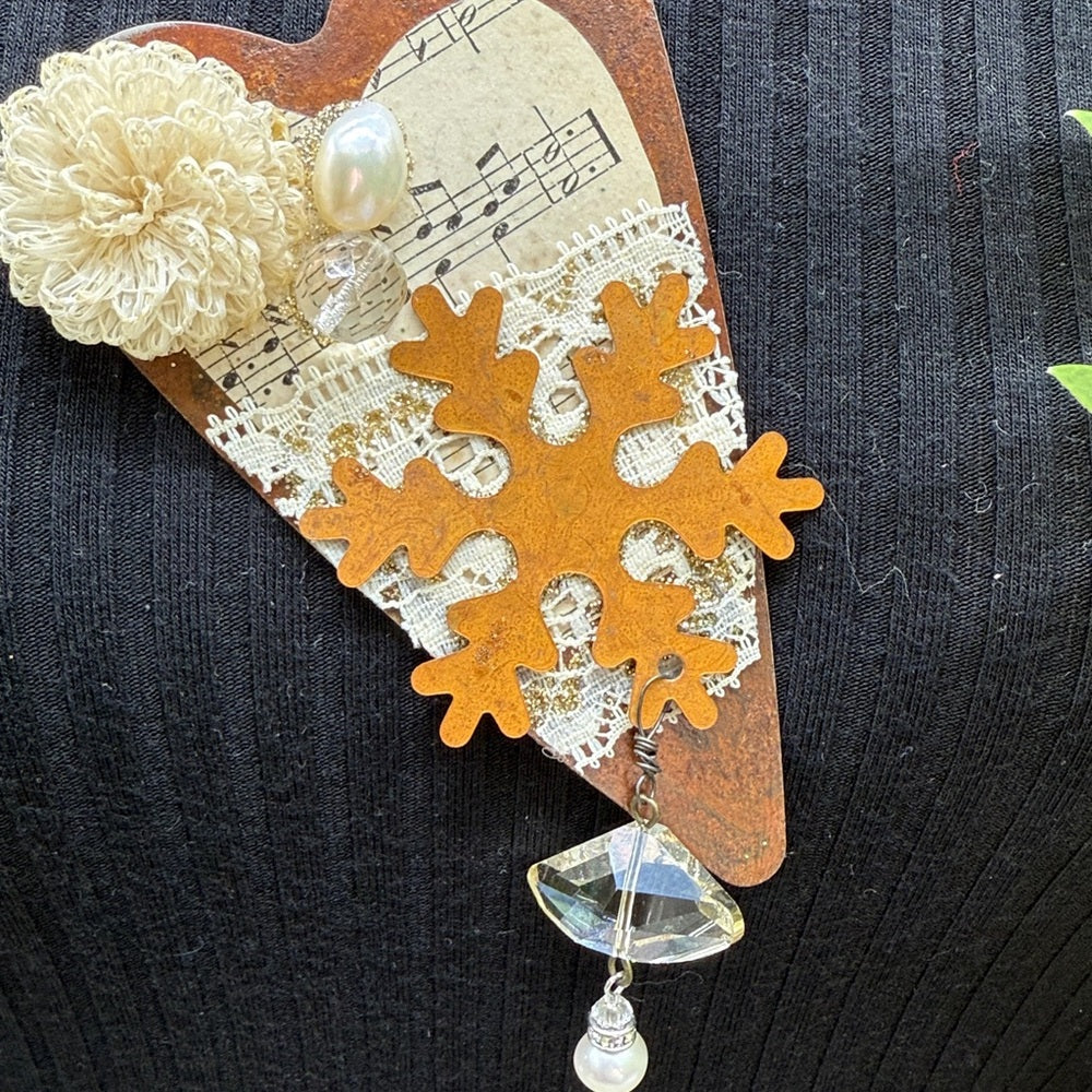 Adorned Crown Jewelry assemblage rusty heart sheet music snowflake necklace