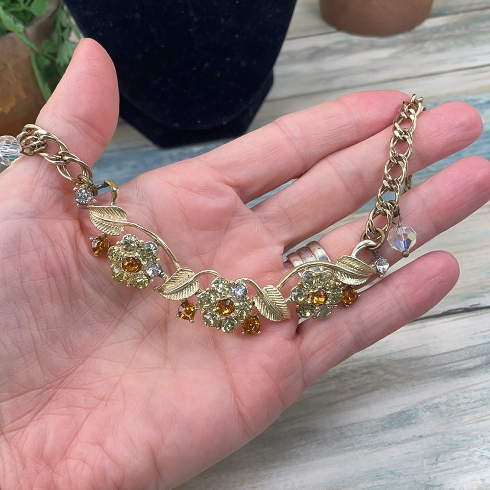 Adorned Crown Artisan Assemblage yellow rhinestone statement necklace