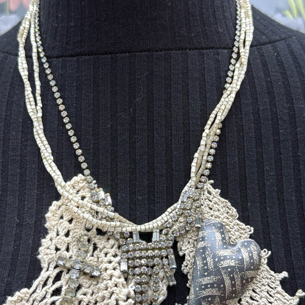 Adorned Crown Jewelry assemblage tattered lace and rhinestone necklace