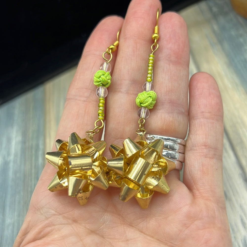 Adorned Crown Jewelry assemblage Christmas earrings gold bow green bead