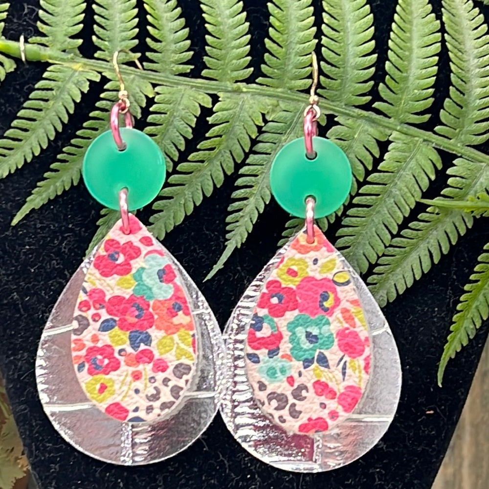Adorned Crown Artisan Assemblage leather double acrylic floral earrings