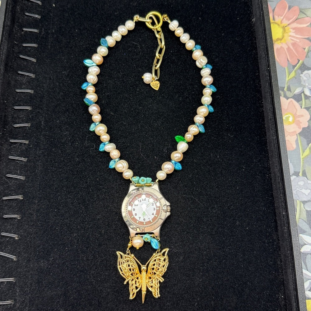 Adorned Crown Jewelry assemblage Pearl Czech glass watch butterfly necklace