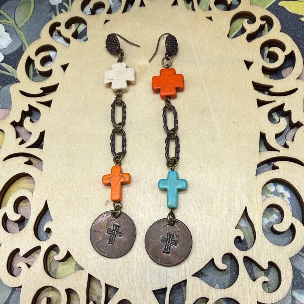 Adorned Crown Jewelry assemblage asymmetrical cross and penny earrings