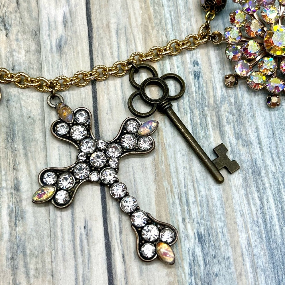 Adorned Crown Jewelry assemblage rhinestone cross eyeglass scarab necklace