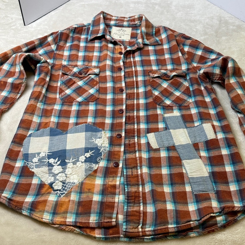 Adorned Crown Jewelry textile altered flannel amazing grace button down sz Med