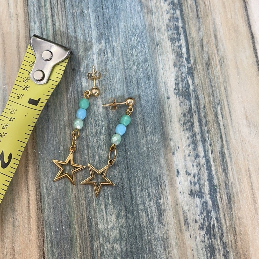 Adorned Crown artisan assemblage gold star blue green bead post earrings